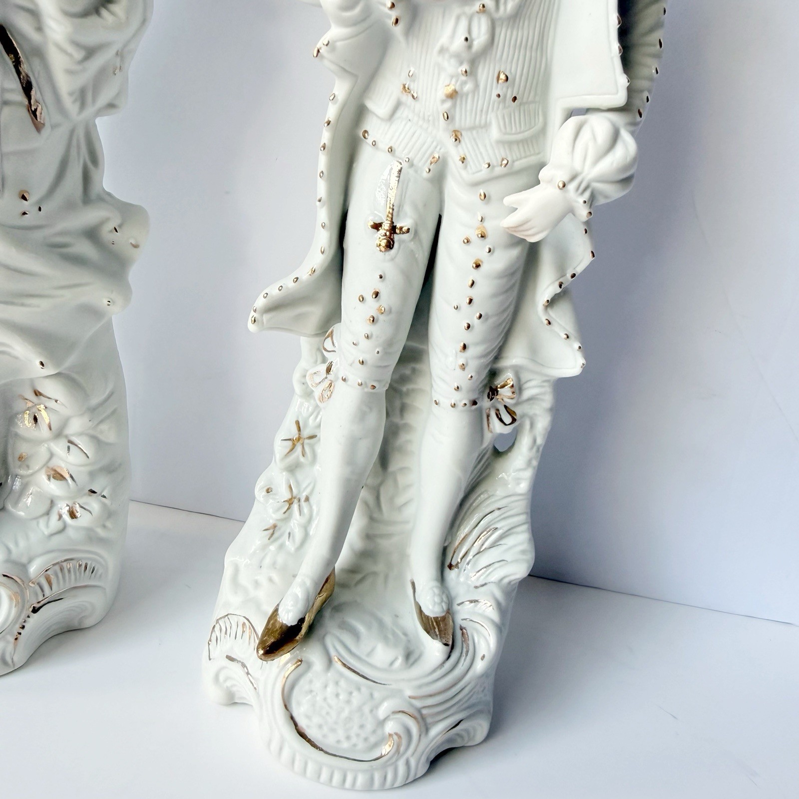 Vintage Pair of Rococo Baroque Couple Figurines Doves White Bisque Porcelain 12”