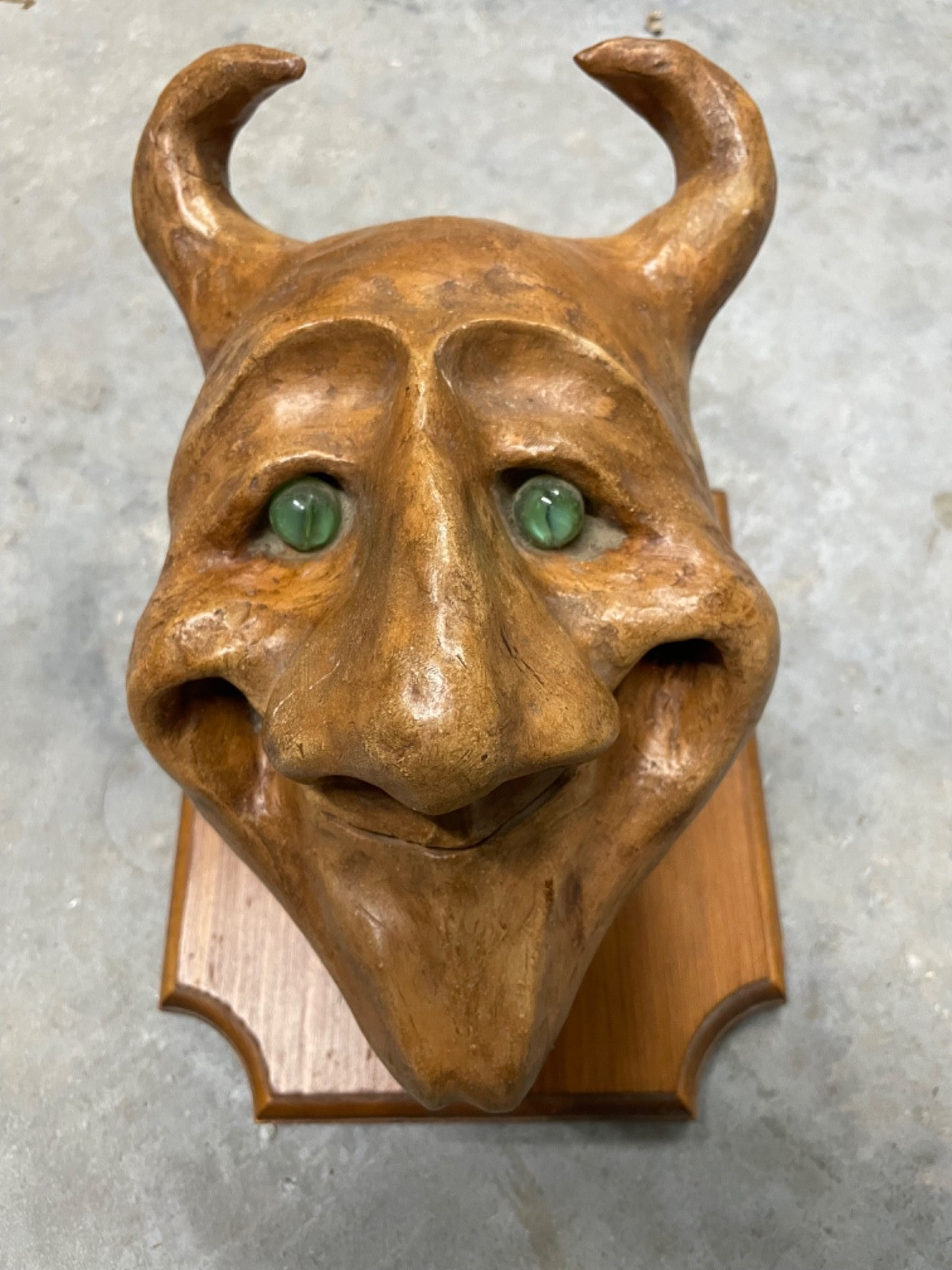 Vintage Smiling Devil Head Wood & Papier-Mache w/ Marble Eyes Mounted Statue