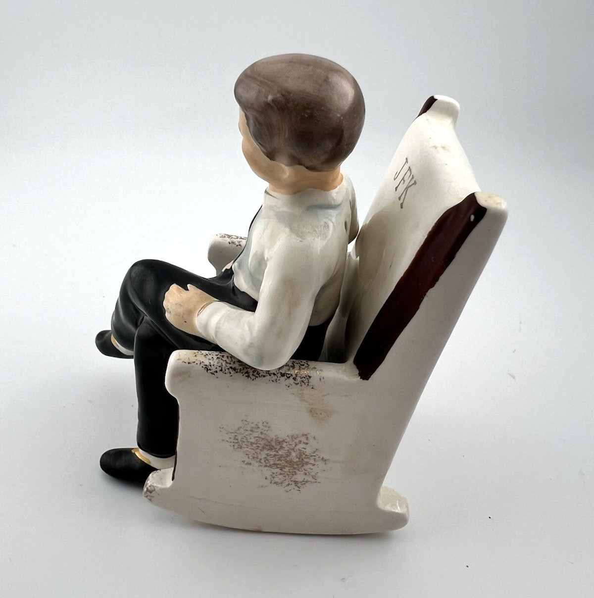 JFK Signed Ceramic Figurine Seated in Rocking Chair, Glossy Mid-Century 1962