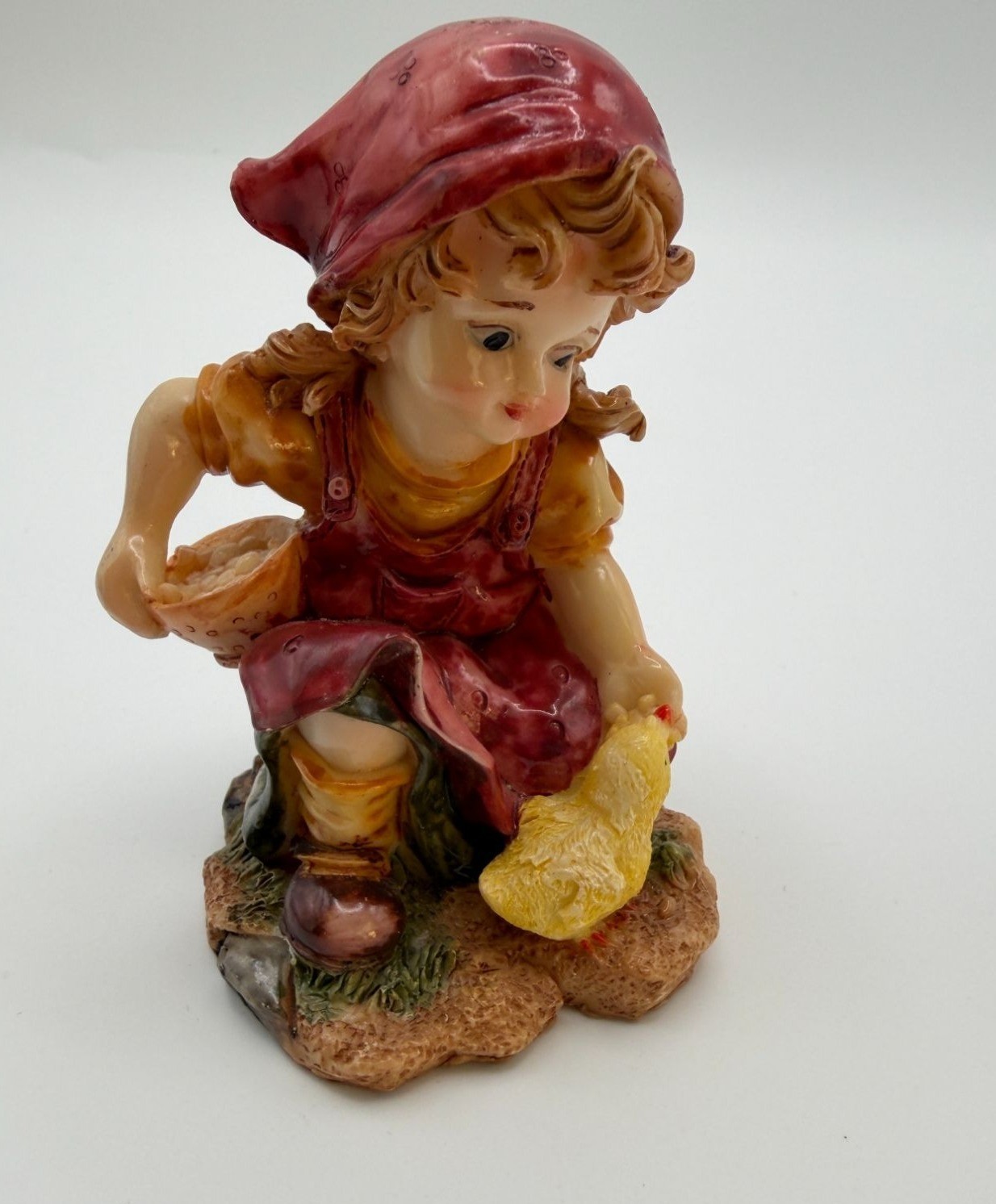 Vintage Country Farm Girl Figurine Feeding the Chickens Peasant Rustic