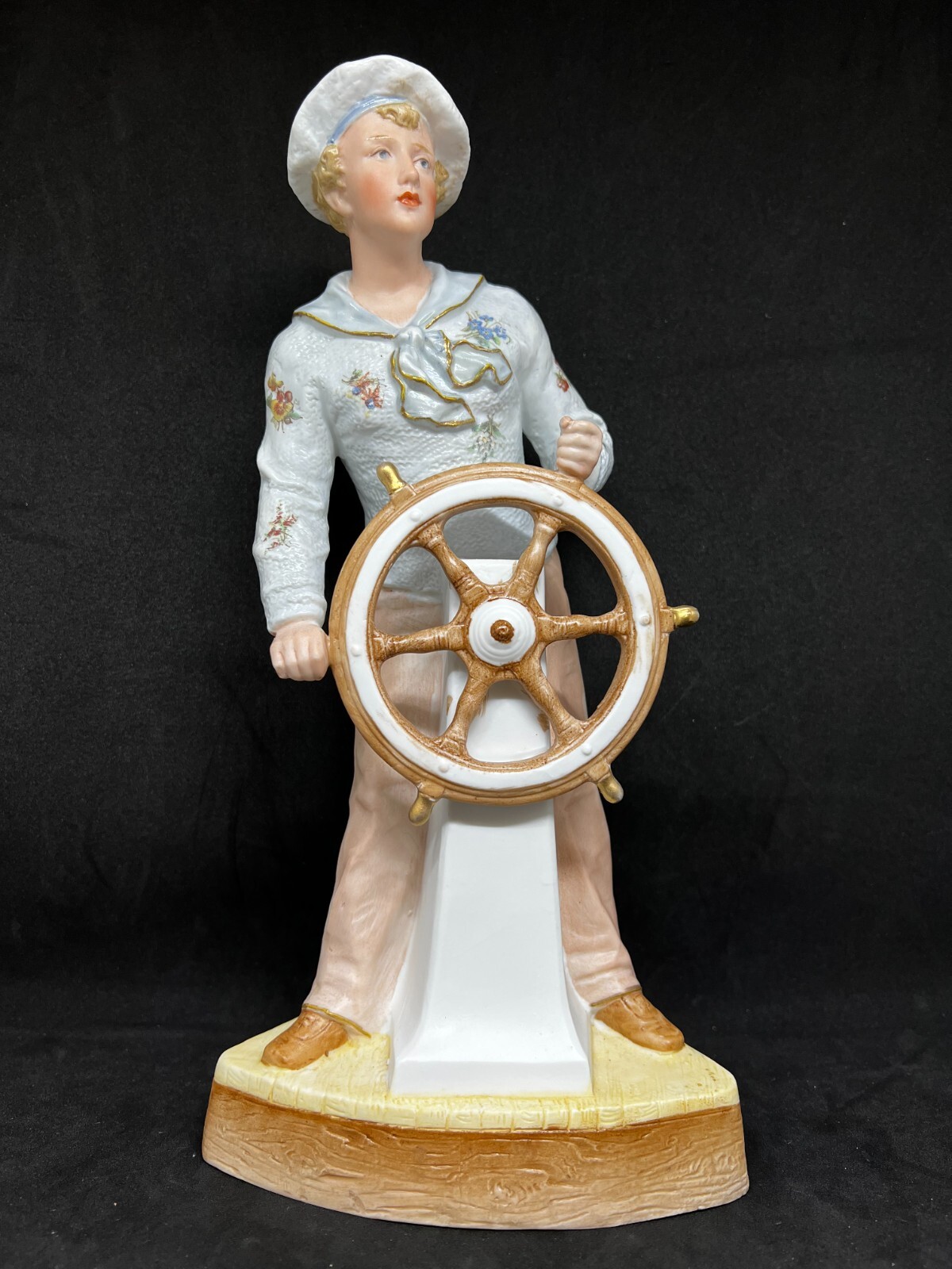 Gebruder Heubach-German Bisque-A Young Sailor Man Steering-Blue Shirt 11 1/2″