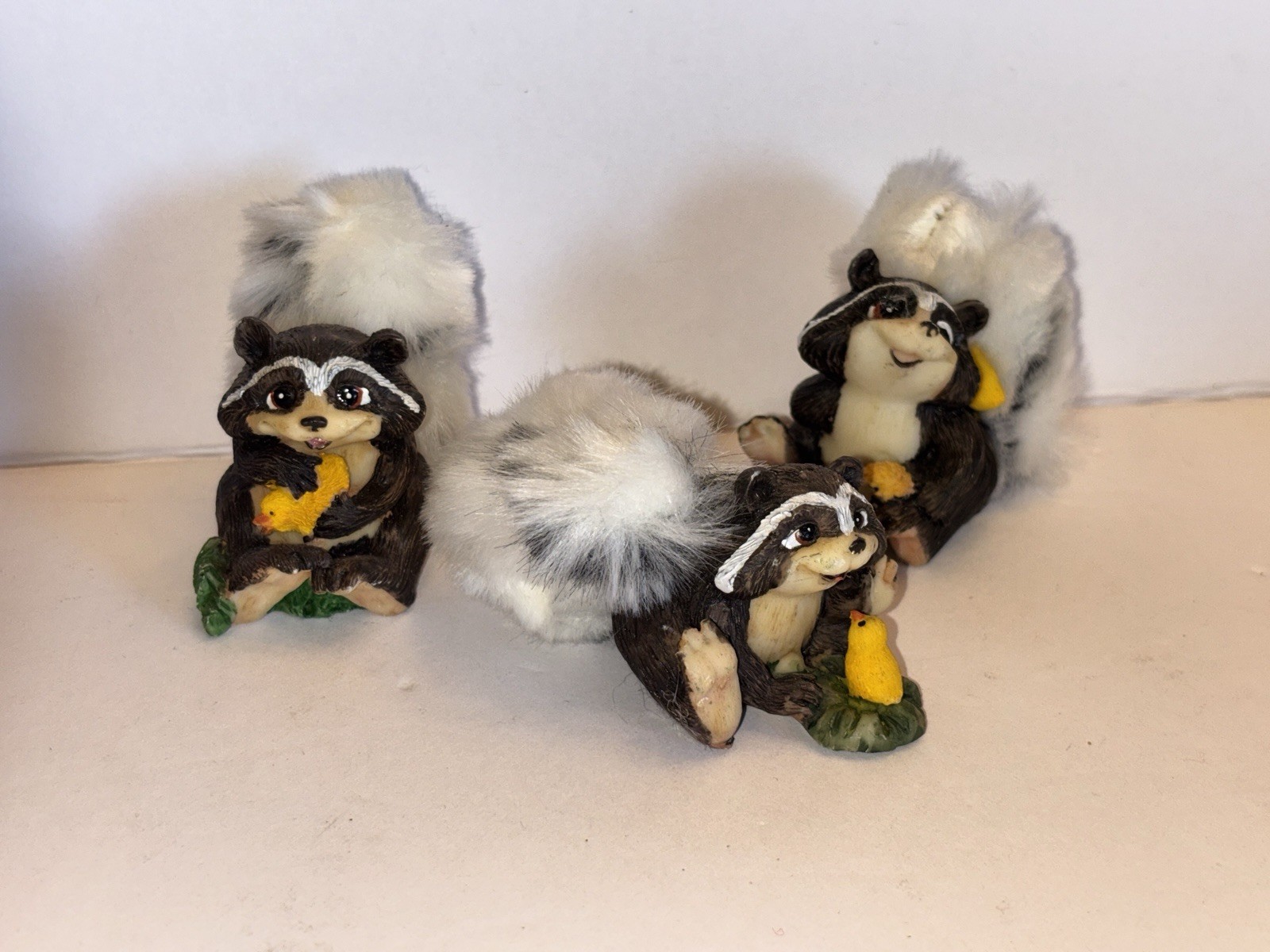 Racoon Skunk Figurine Lot 3 Animal Figure Bird Duck Fur Tails Vtg Rare Kitch