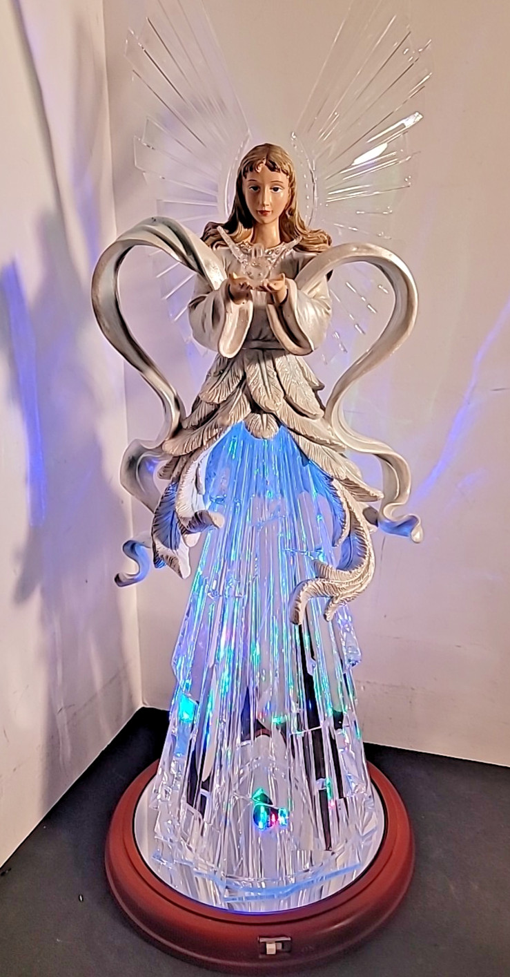 Acrylic Angel Holding Dove Roman LED Figurine Multi Color Lights Mirror WoodBase