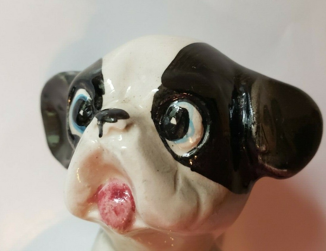 Puppy Dog 4 in Tall Vintage Ceramic Black & White Anthropomorphic Japan 1950s