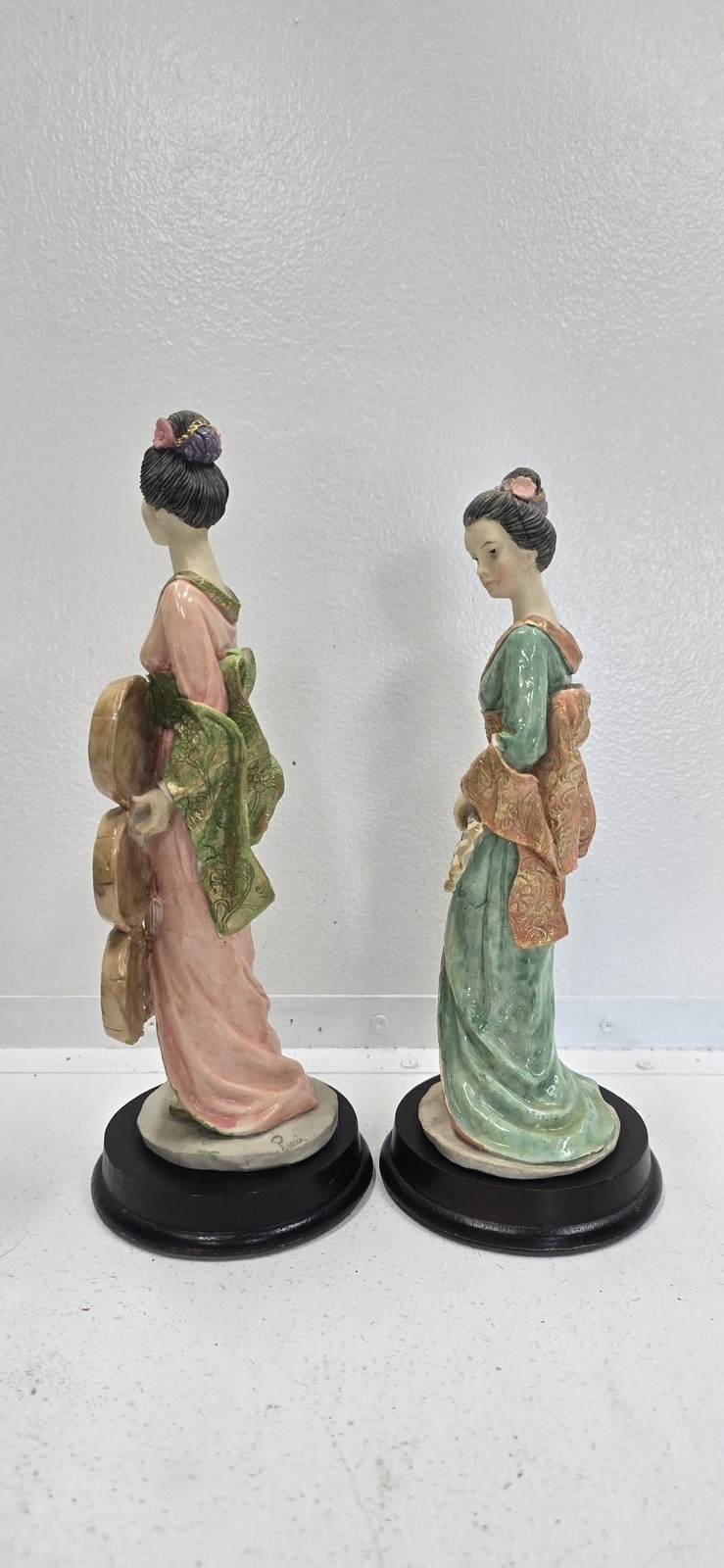 Vintage Geisha Figurines Set of 2 Puccini & Tuba Asian Kimono Lady Statues