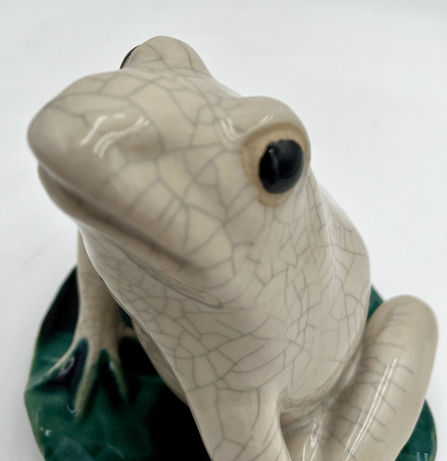 Vintage White Crackle Glaze Pottery Frog Figurine on Green Lily Pad