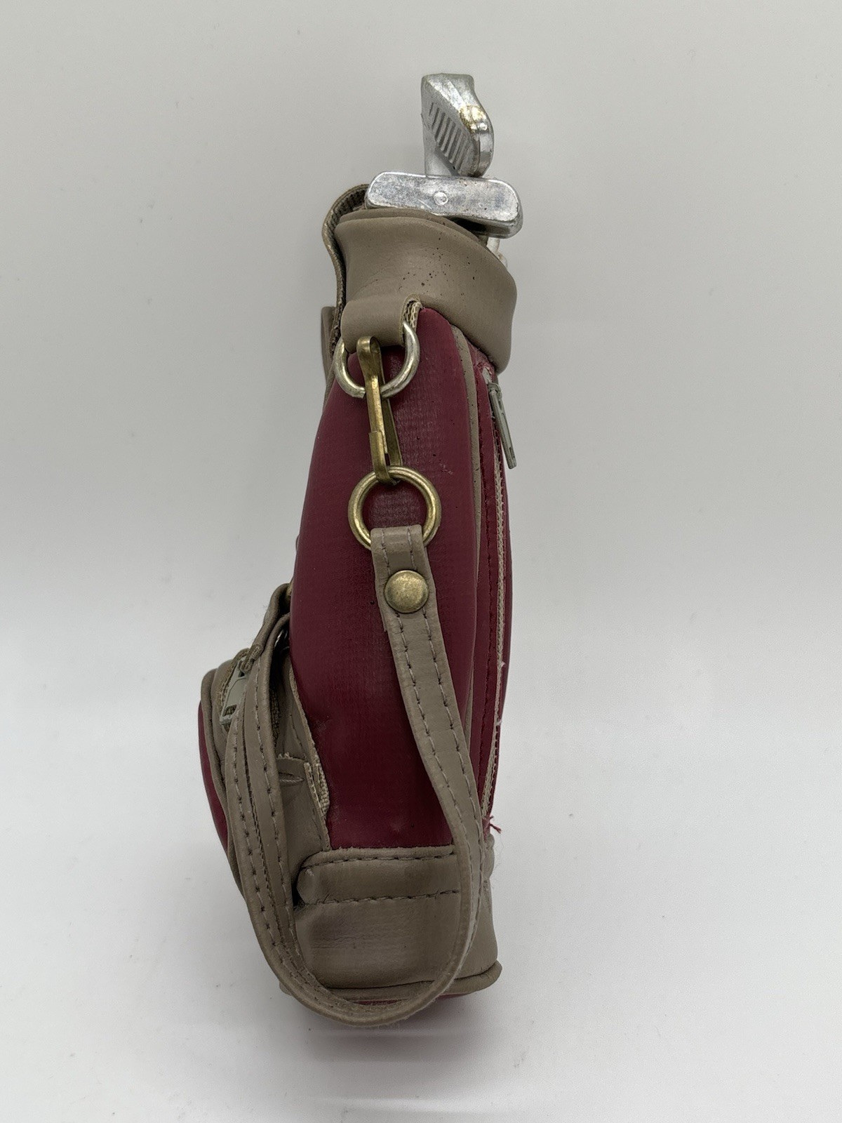 Vintage Miniature Vinyl Golf Bag With Removable Plastic Golf Clubs Maroon Doll