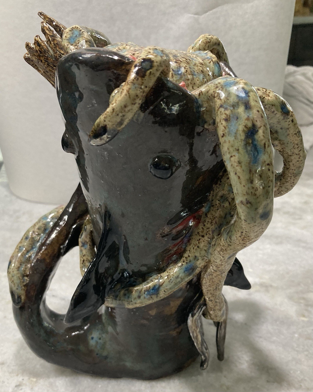 Surreal Southern Folk Art Face Jug Monster Shark Eating Octopus Pottery OOAK