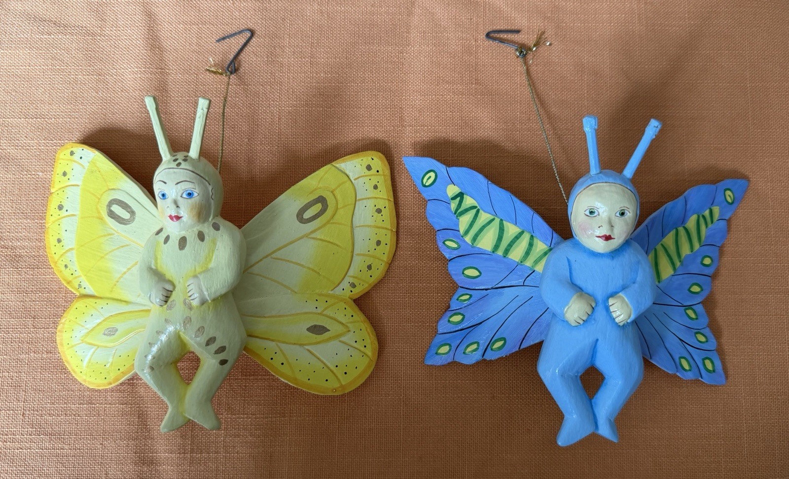 ANTHROPOMORPHIC BUTTERFLY BUG Ornament Wall Figurines Set Of 2 Kitsch Style