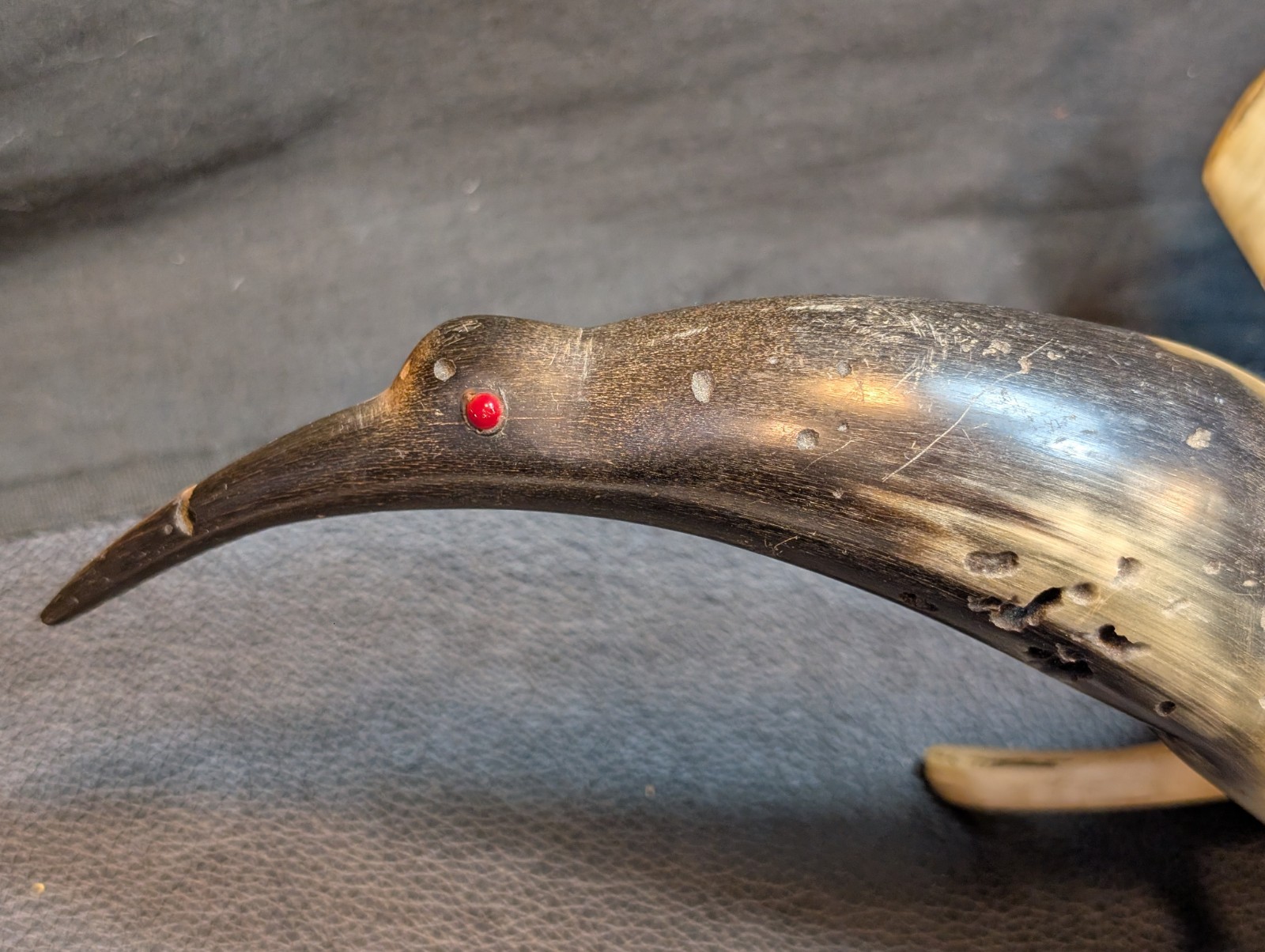 Folk Art Ox/Steer Horn Bird Mid Century Hand Carved Large 13.5in Horn