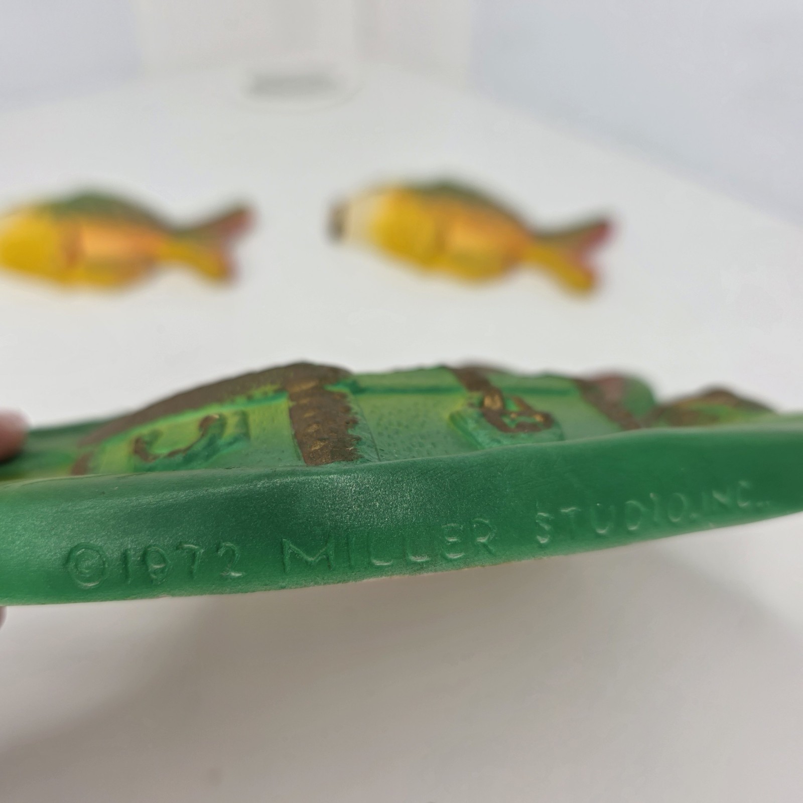 Vtg Miller Studio 3 Fish & Treasure Box Chalkware Wall Decor 1972 Green Yellow