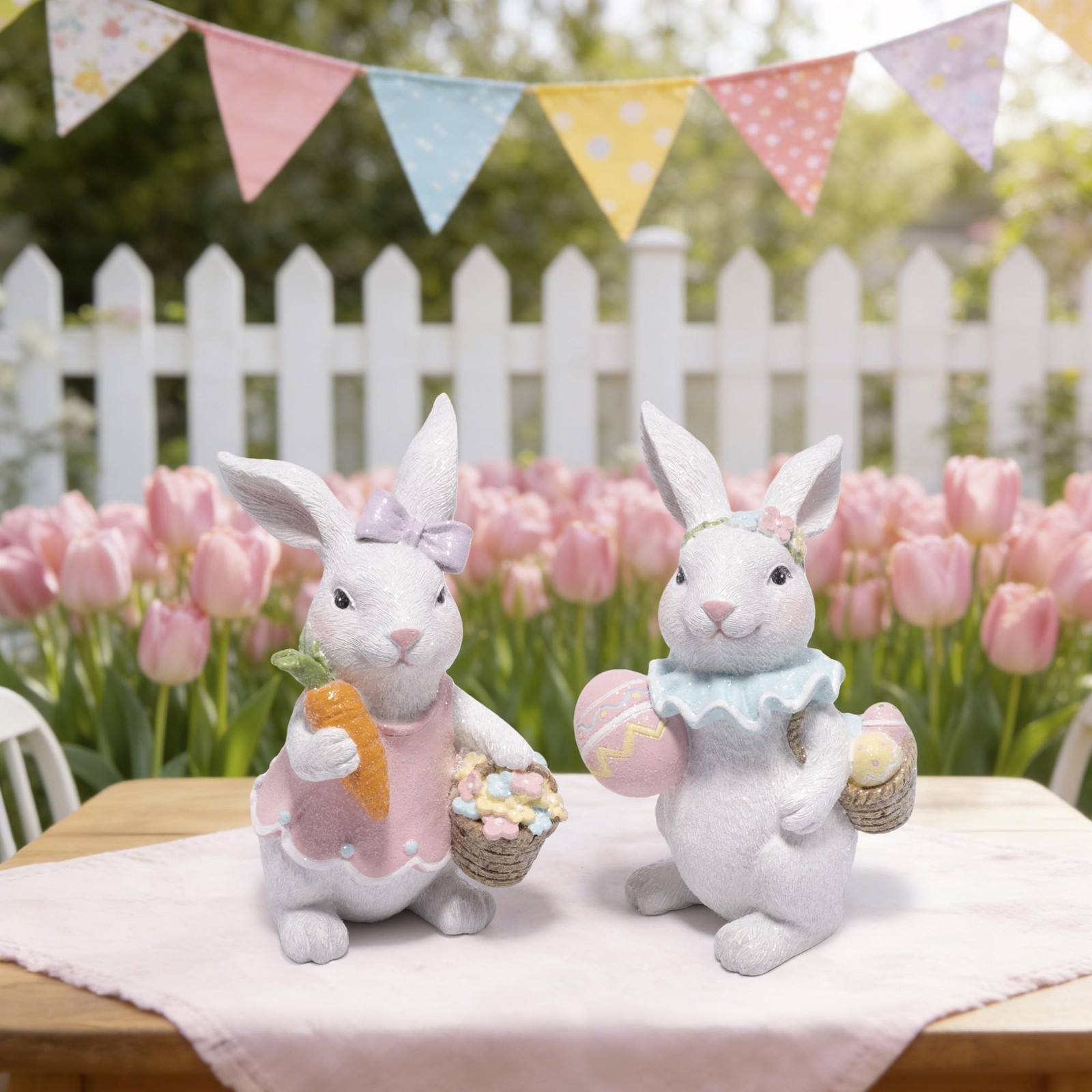 Easter Bunny Figurines Set, Spring Rabbit Decor with Easter Eggs Basket, Flor…
