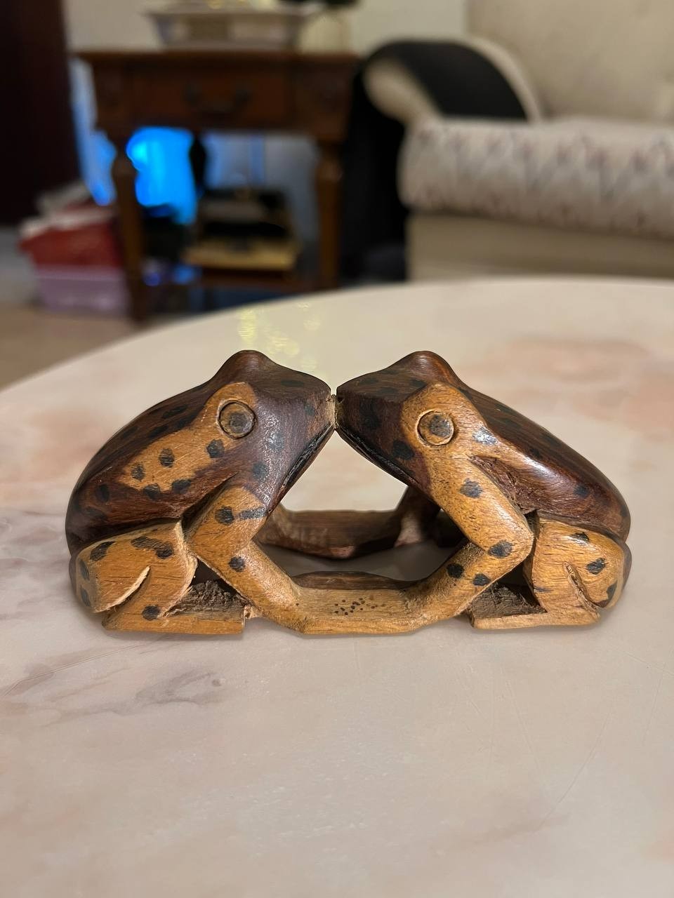 Vintage Hand Carved Wooden Frog Pair Sculpture Folk Art Animal Figurine