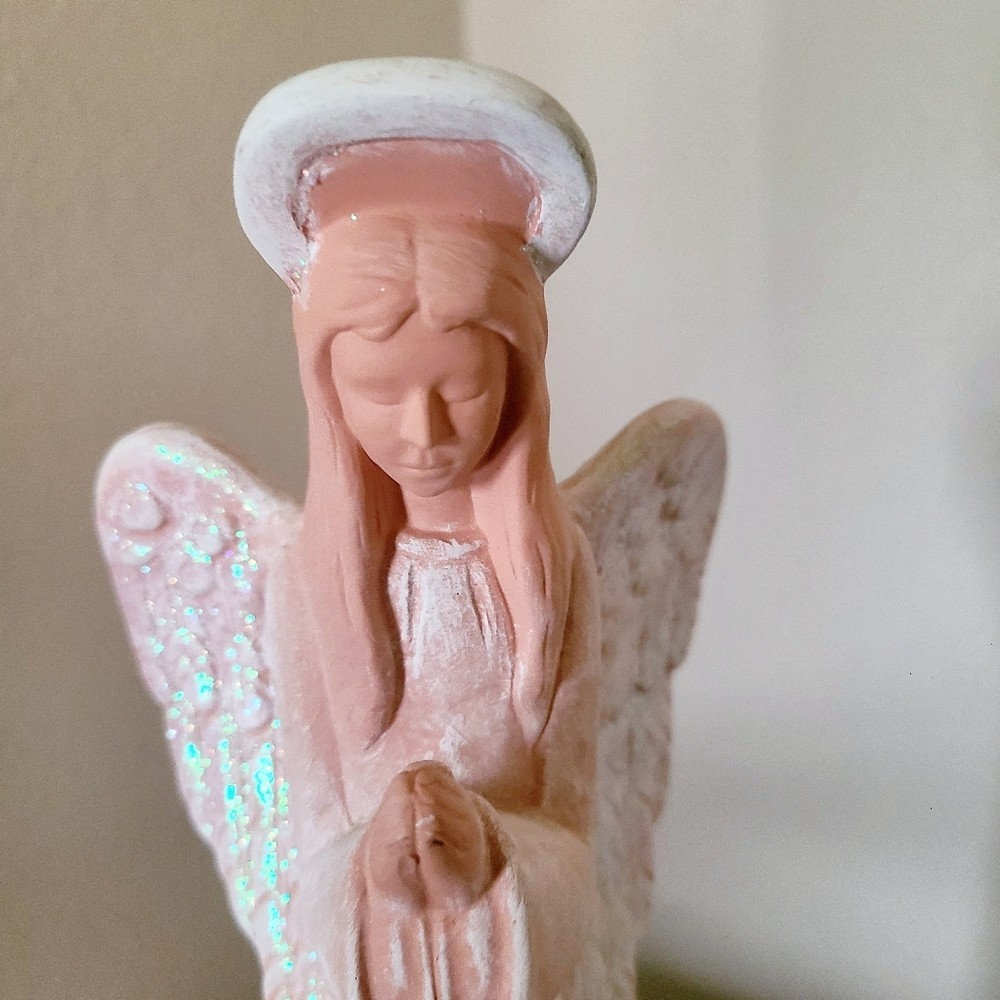 Tall Pink Praying Angel with Shimmering Glitter Wings Candleholder