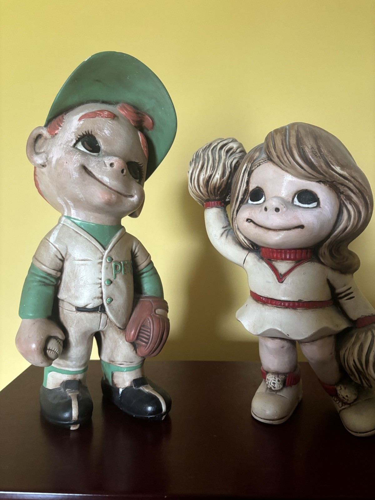Vintage 1970s Painted Ceramic Baseball Boy & Cheerleader Figurines Set of 2