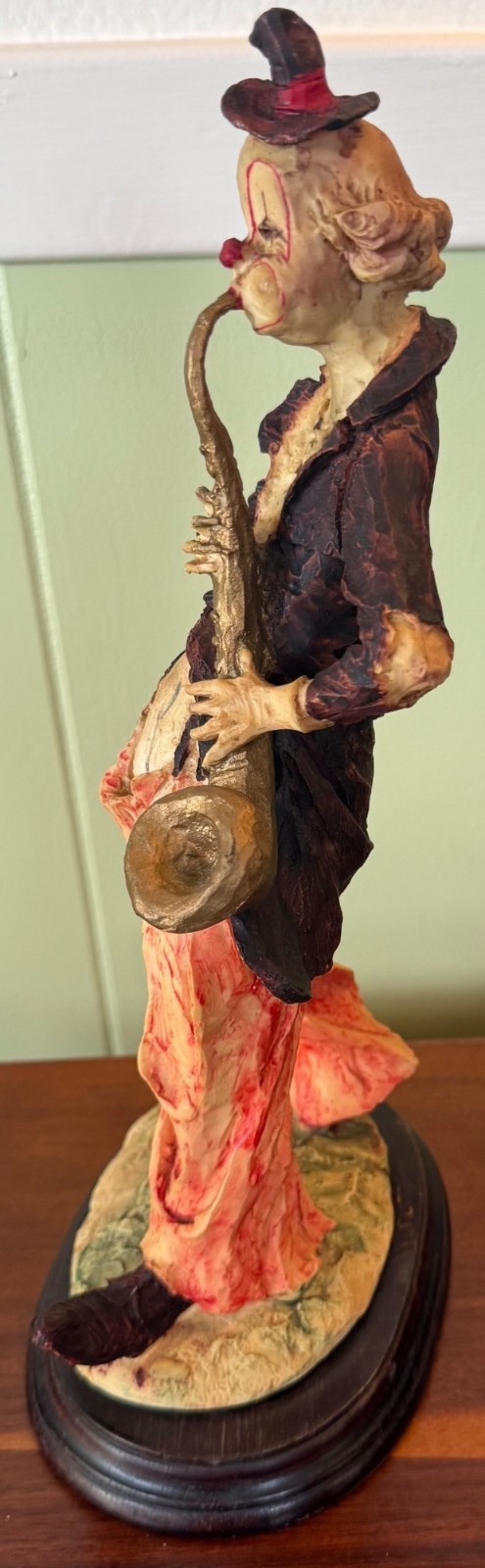 Hand-Carved Clown Figurine Playing Saxophone On Wood Base 12” Vintage Decorative