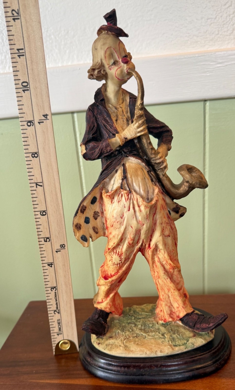 Hand-Carved Clown Figurine Playing Saxophone On Wood Base 12” Vintage Decorative
