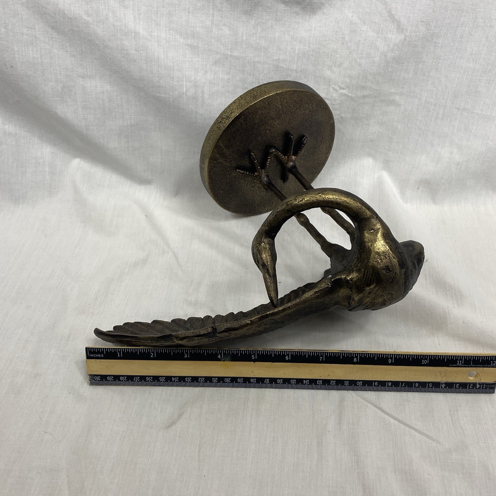 Cast Metal Crane Heron Sculpture Cleaning Its Wing 8.5in Tall 11in Wide