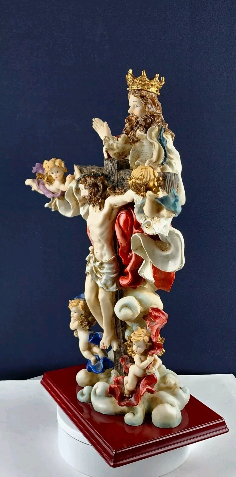 Autom, Holy Trinity – 18″ Resin Sculpture, Self Standing Crucifix on Wooden Base