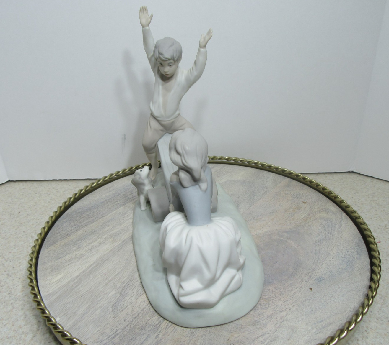 Lladro Porcelain Figurine See Saw Girl, Boy & Dog #4867, Spain Satin Matte Finsh