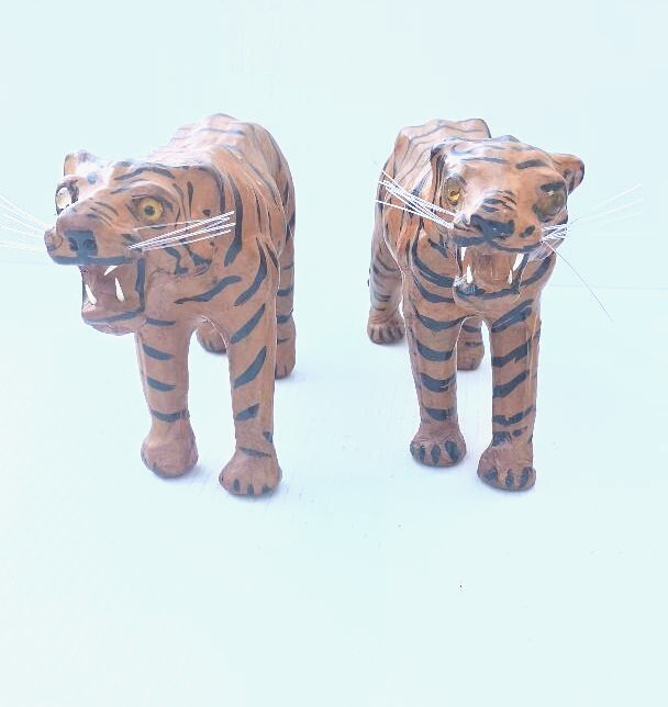 Pair of Mid-Century Leather Wrapped Paper Mache Snarling Tiger With Glass Eyes