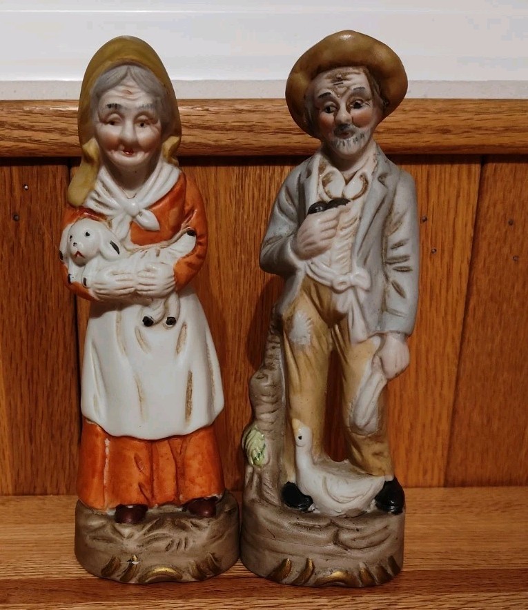 Vintage Porcelain Farmer & Wife Figurines With Dog & Goose
