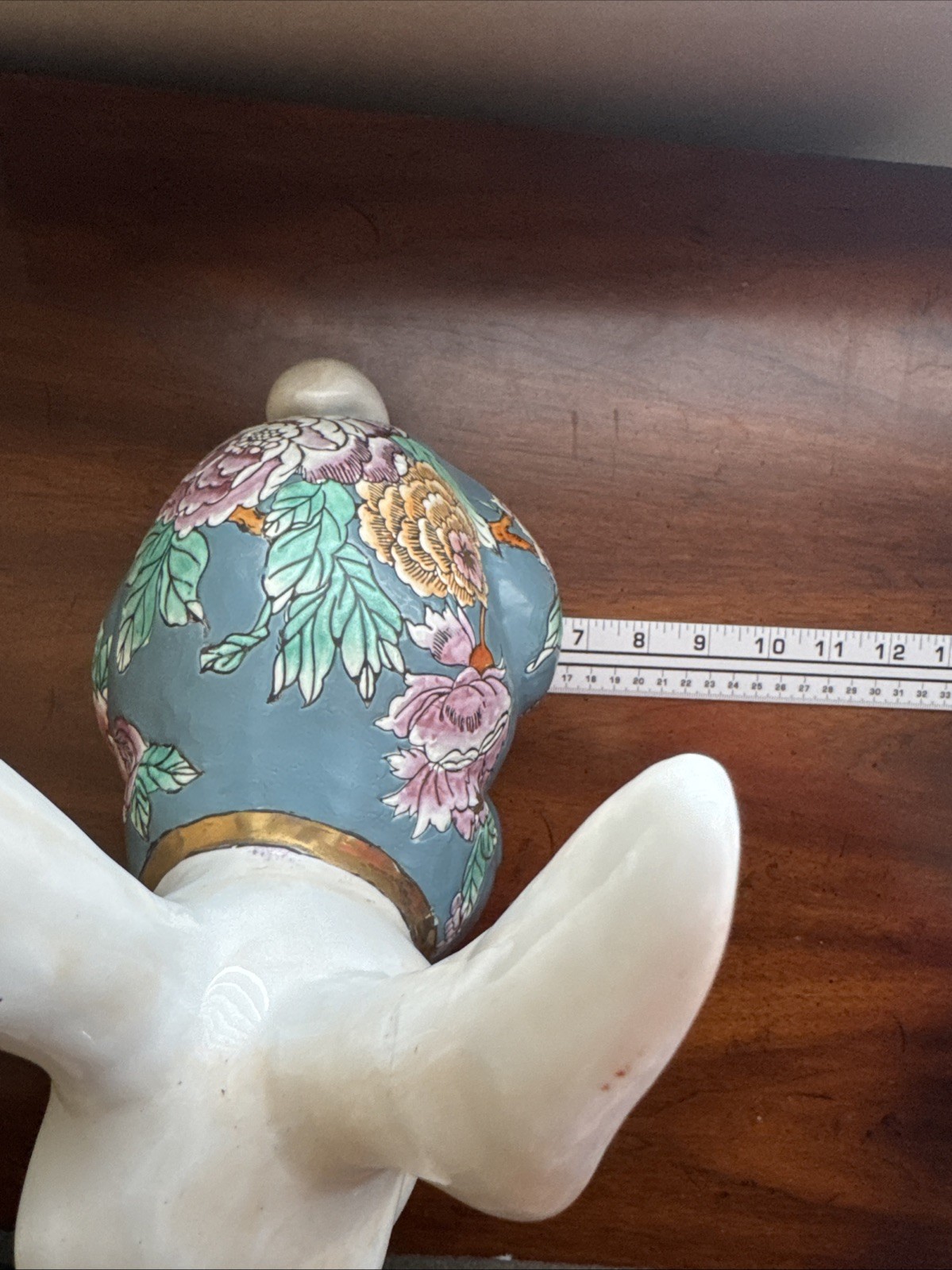 Large Porcelain Hand Painted Rabbit ,Teal Lavender Orange Metallic Gold 12 Inch