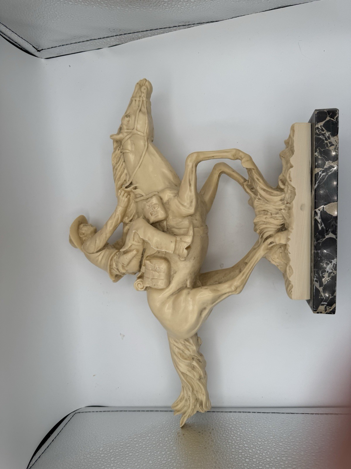 Vintage A. Santini Cowboy On Horse Statuette Italy 12” Alabaster/Black Marble