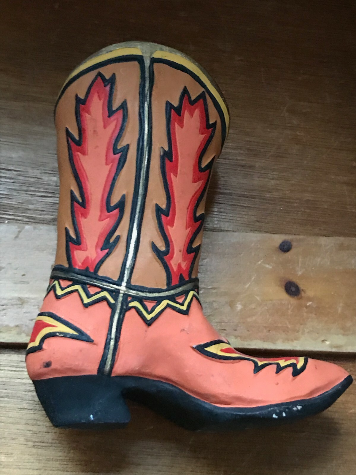 Small Orange Red & Brown Painted Hollow Ceramic Western Cowboy Boot Figurine –