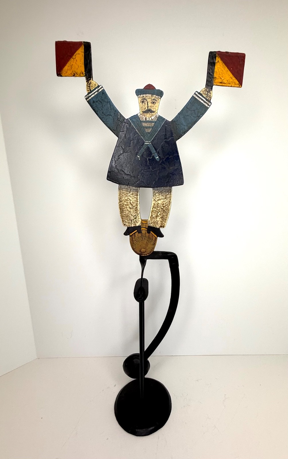 Vintage metal Folk Art, Whimsical Sailor with flags, Pendulum Rocker, & stand