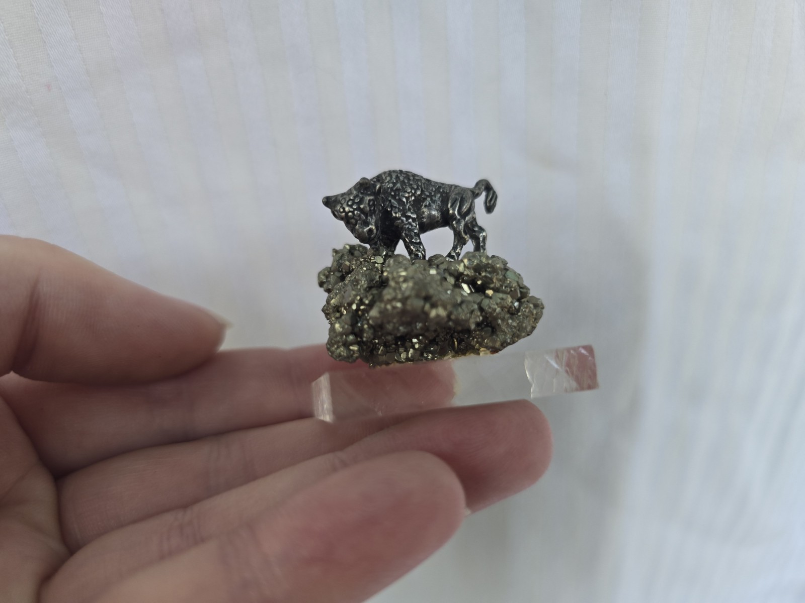 Vintage Metal Bull Figurine on Pyrite & Quartz Base – Miniature Collectible