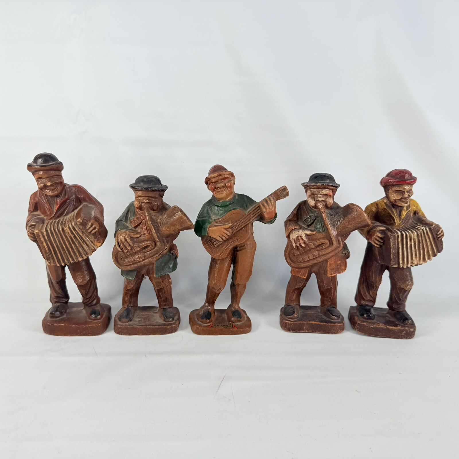 Wood Carved Man Playing Instrument Painted Souvenir Of New Orleans Set Of 5