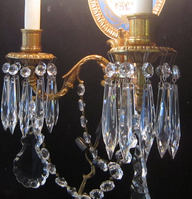 Pair 2-lite Sevres French Dore bronze sconce Porcelain Plaque like KPM