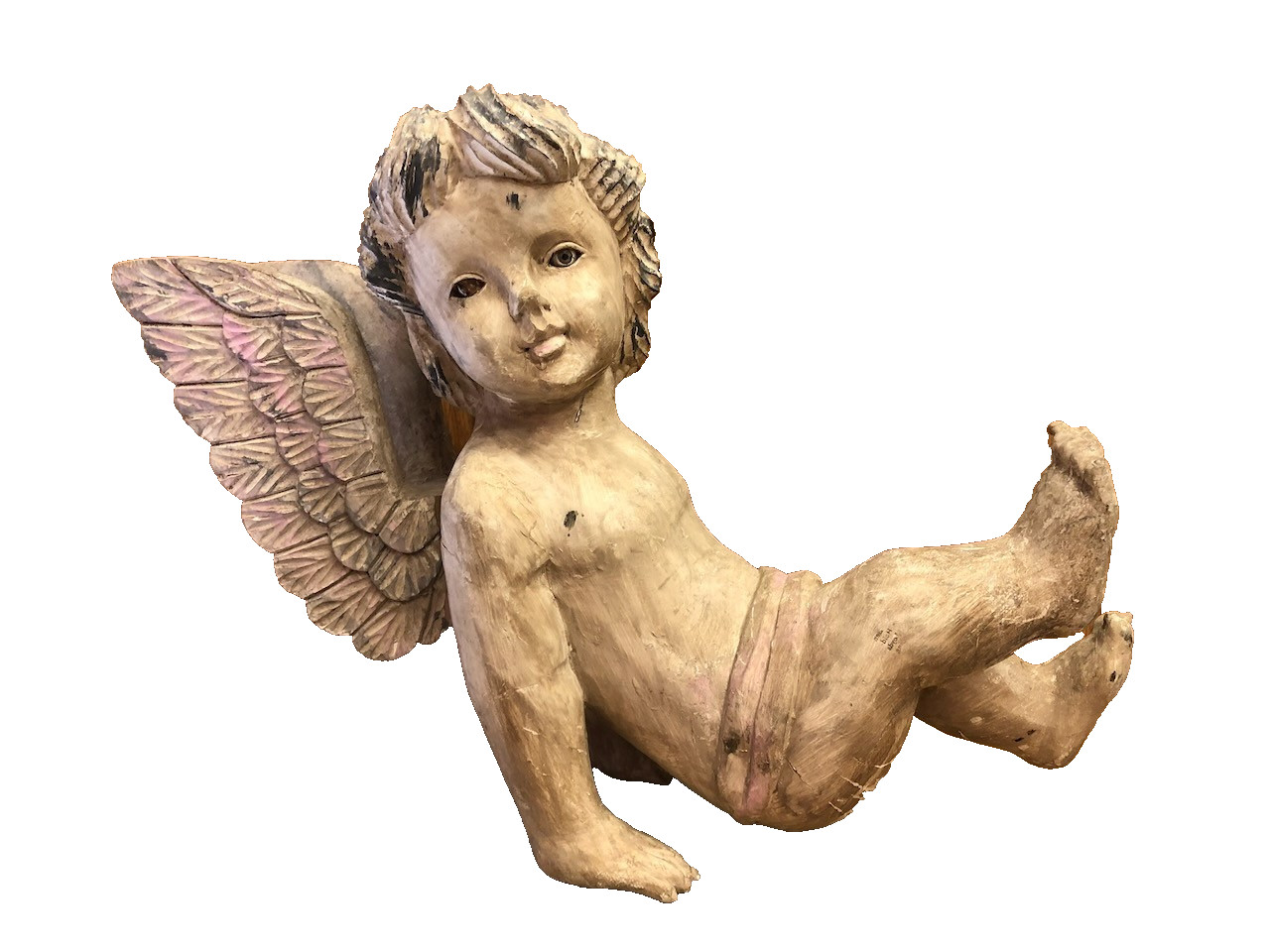 Early 20th Century Putti Large Wood Carved Winged Cherub w/ Glass eyes 19″ #1