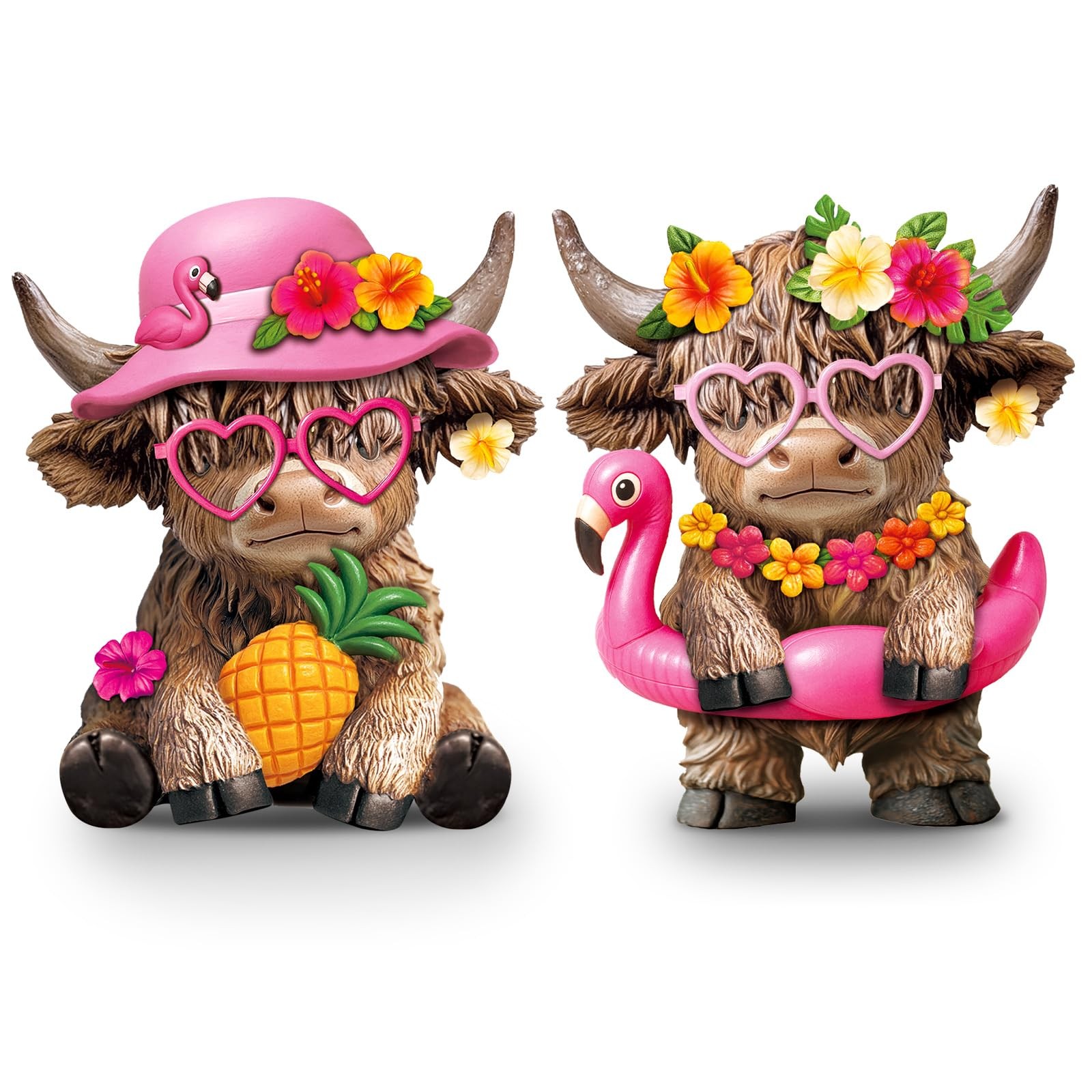 2 Pcs Hawaii Highland Cow Figurines Decor Summer Flamingo Resin Statue Gnomes…