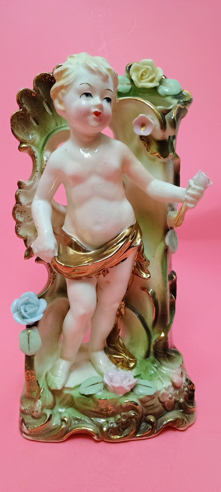 Vintage Bisque Cherub Putti Figurine Vase Hand Painted Porcelain Japan