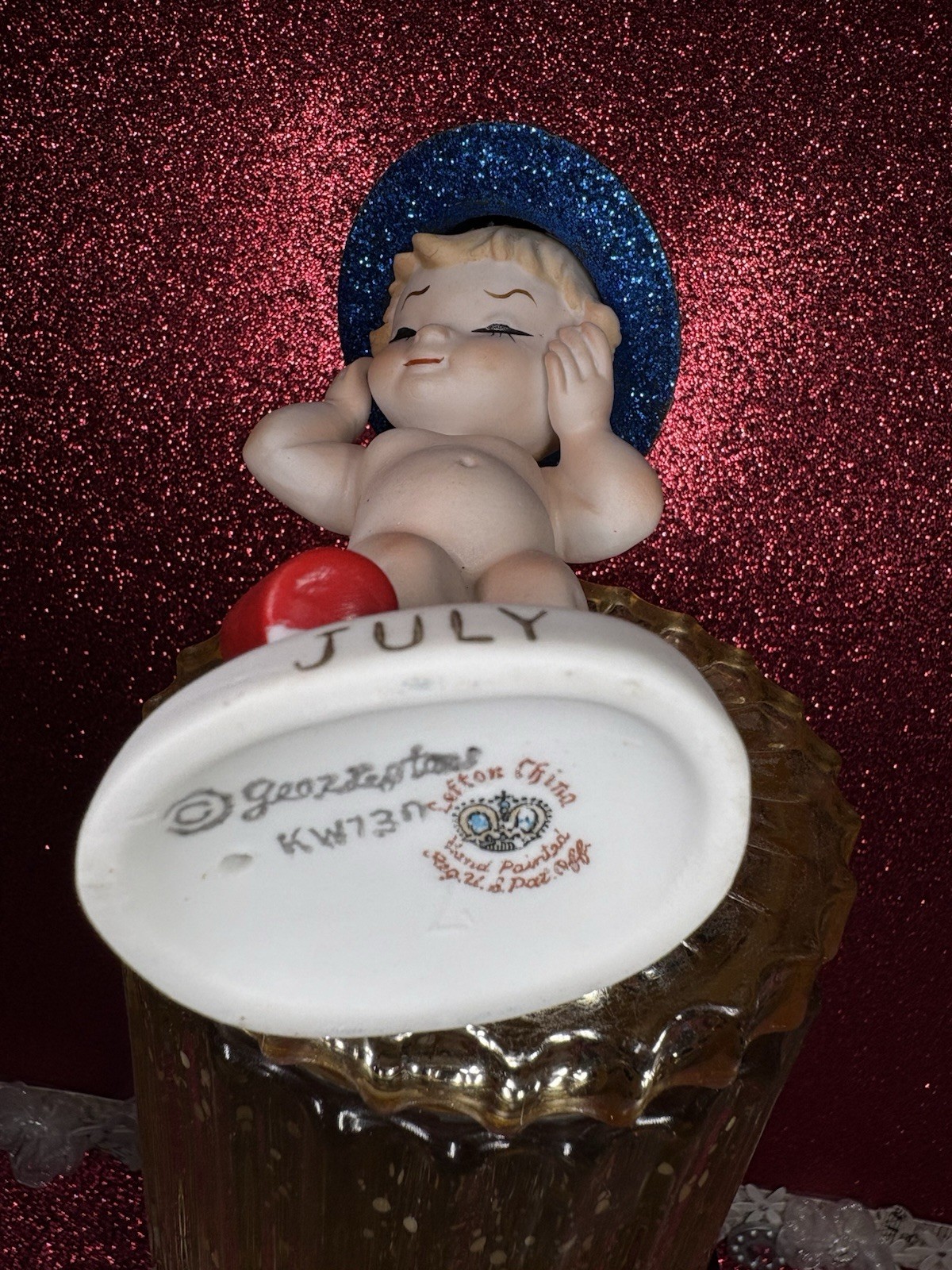 Vtg Lefton July Angel Girl In Blue Glitter Top Hat Firecracker Figurine Japan