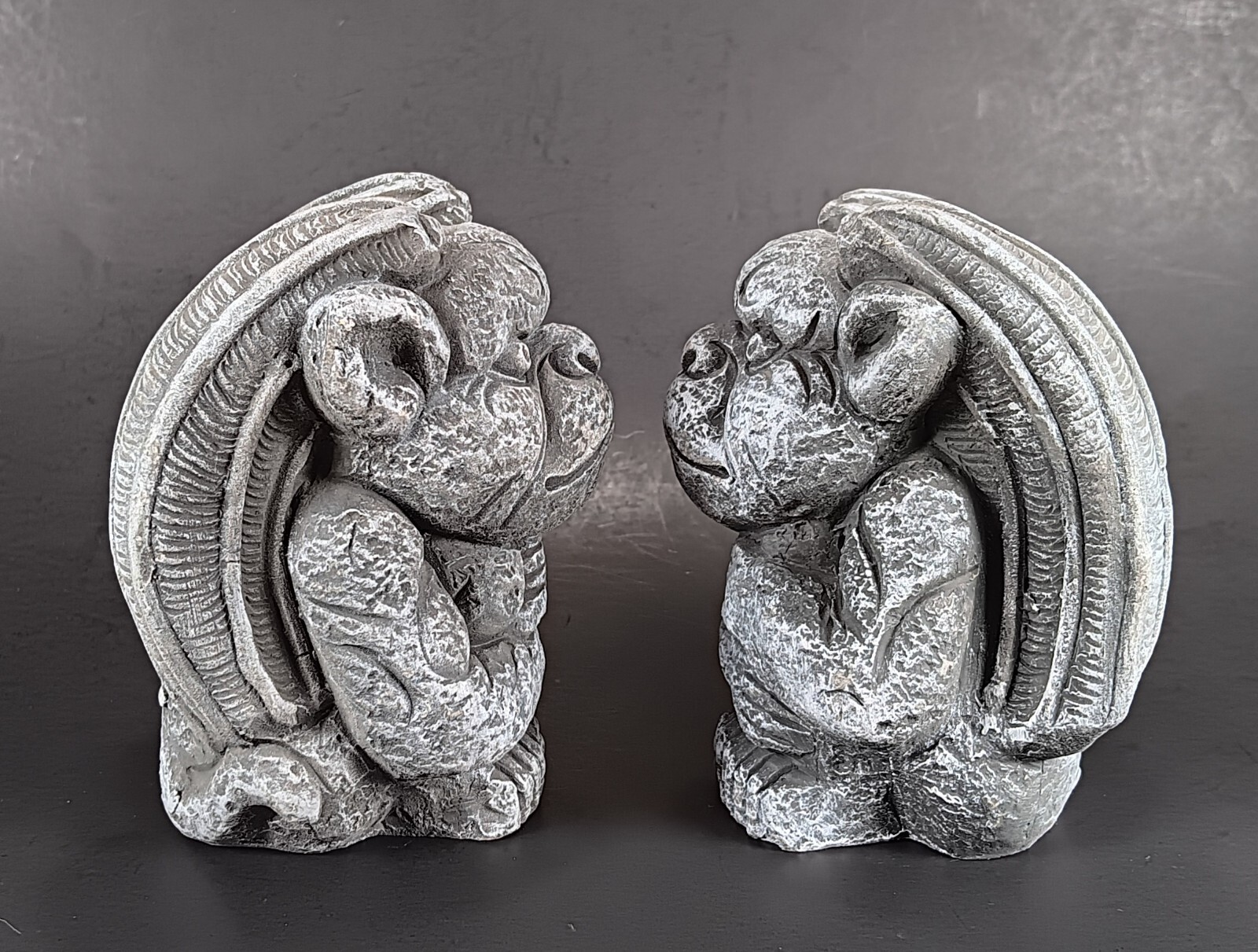 Winged Gargoyle Statues 2 Gray Faux Stone 4.75″ Figures Gothic Decor