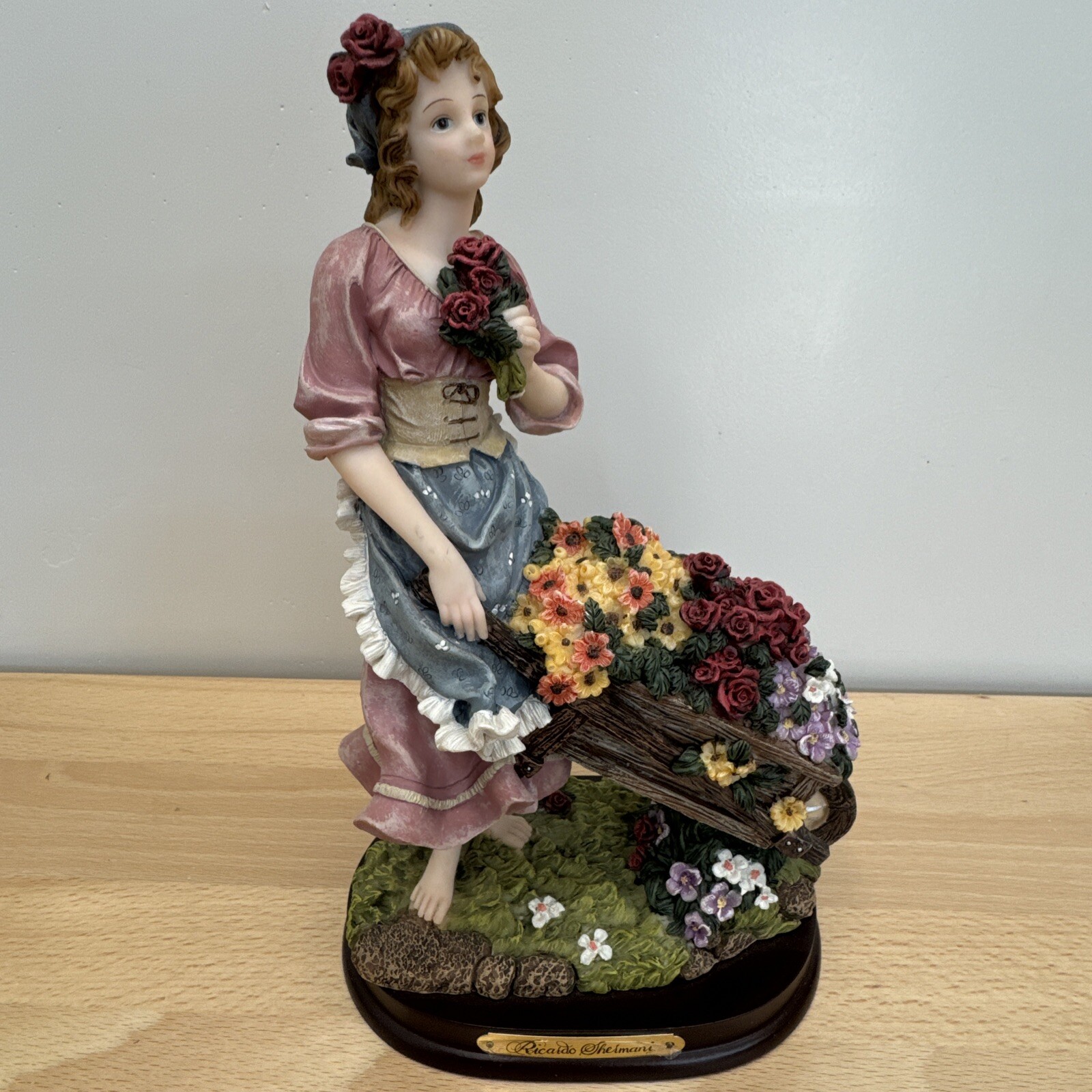 Ricardo Shermani Flower Cart Lady Lace Doll Figurine 10.5”x6”