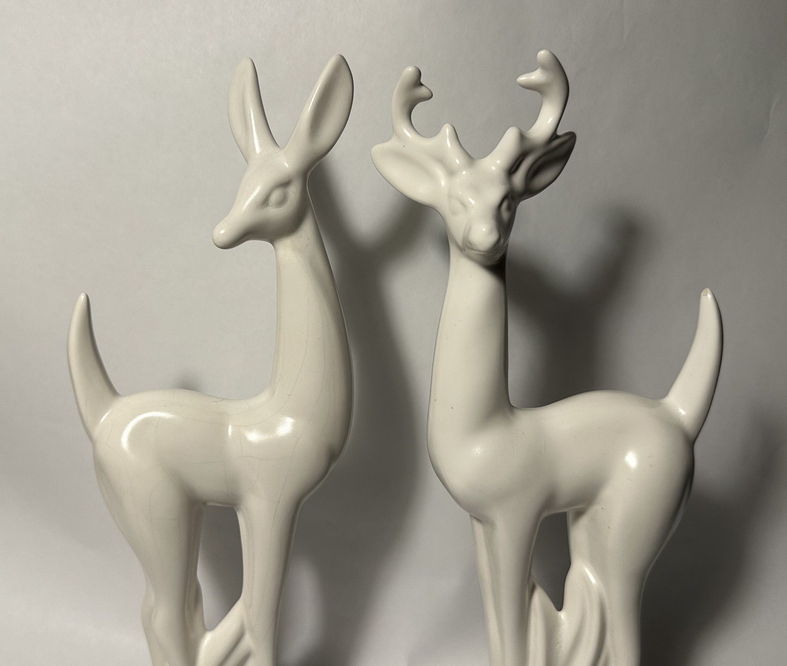 art deco MATTE WHITE DEER FIGURINES 12″