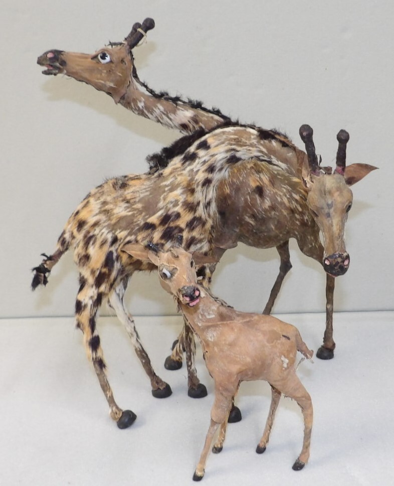 Vintage Antique Handmade Leather & Fur Wrapped Giraffe Family w/ Glass Eyes