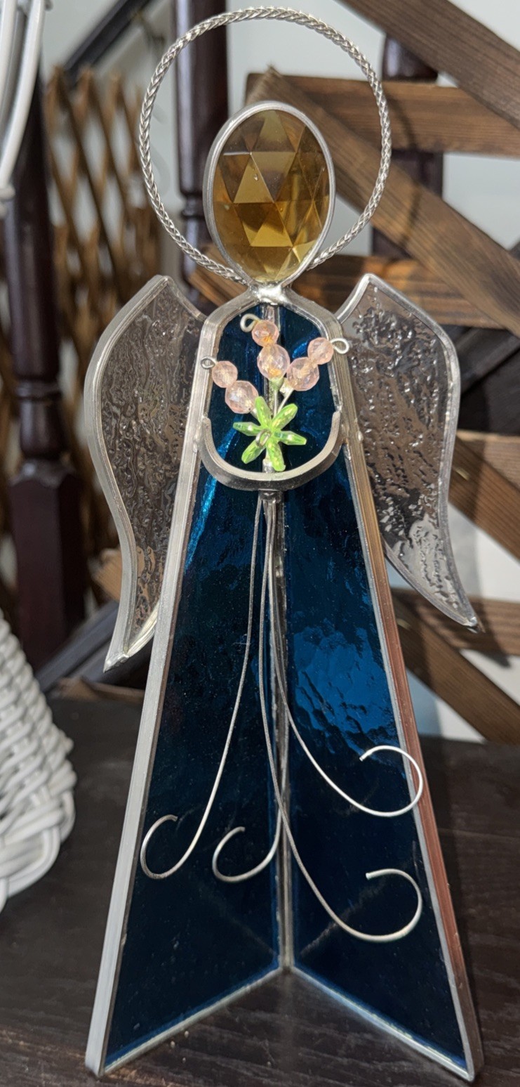 Vintage Blue Stained Glass Angel Figurine Glass 10.50” X 4”