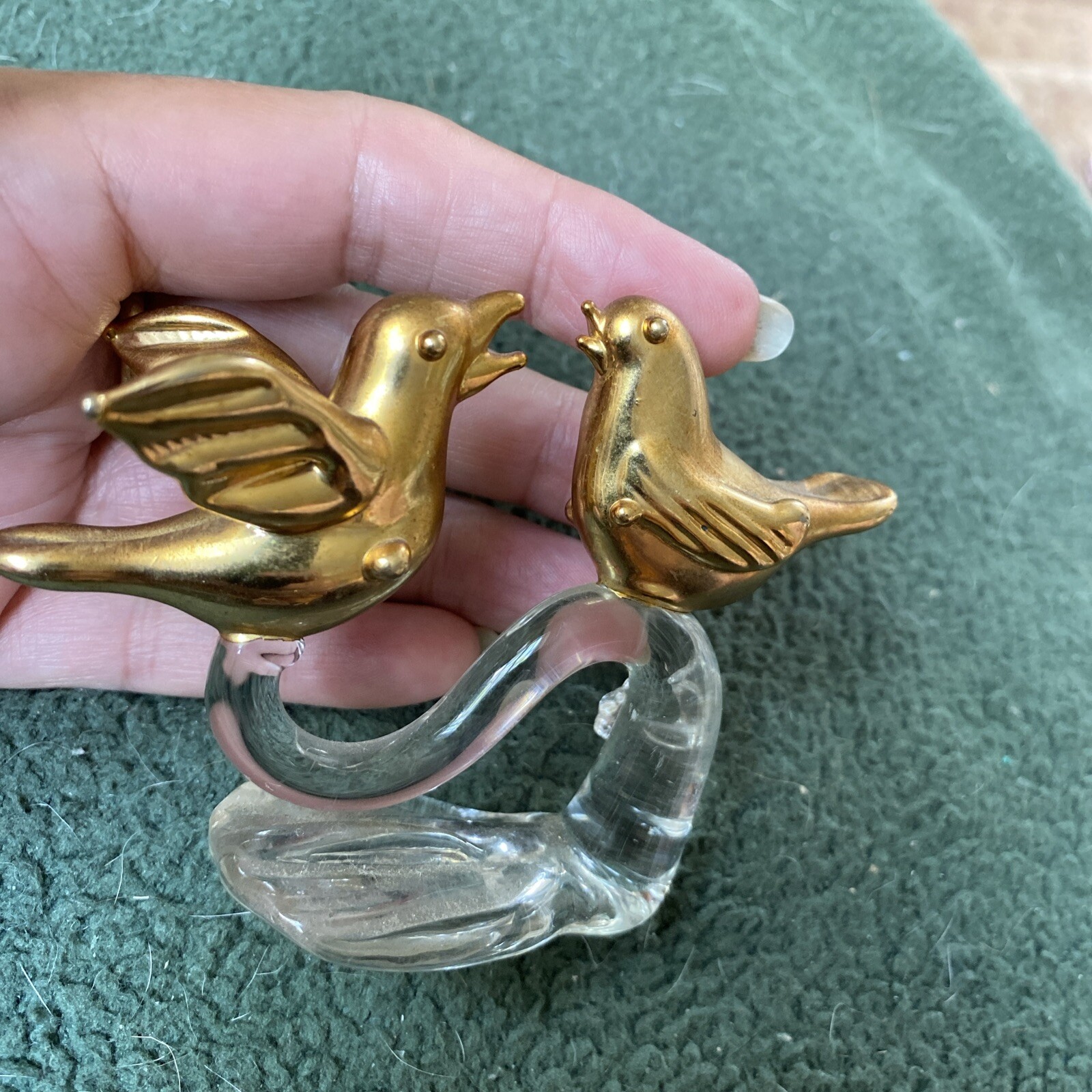 Vintage Art Glass Sculpture Two Gilded Gold Doves On A Branch Love Birds