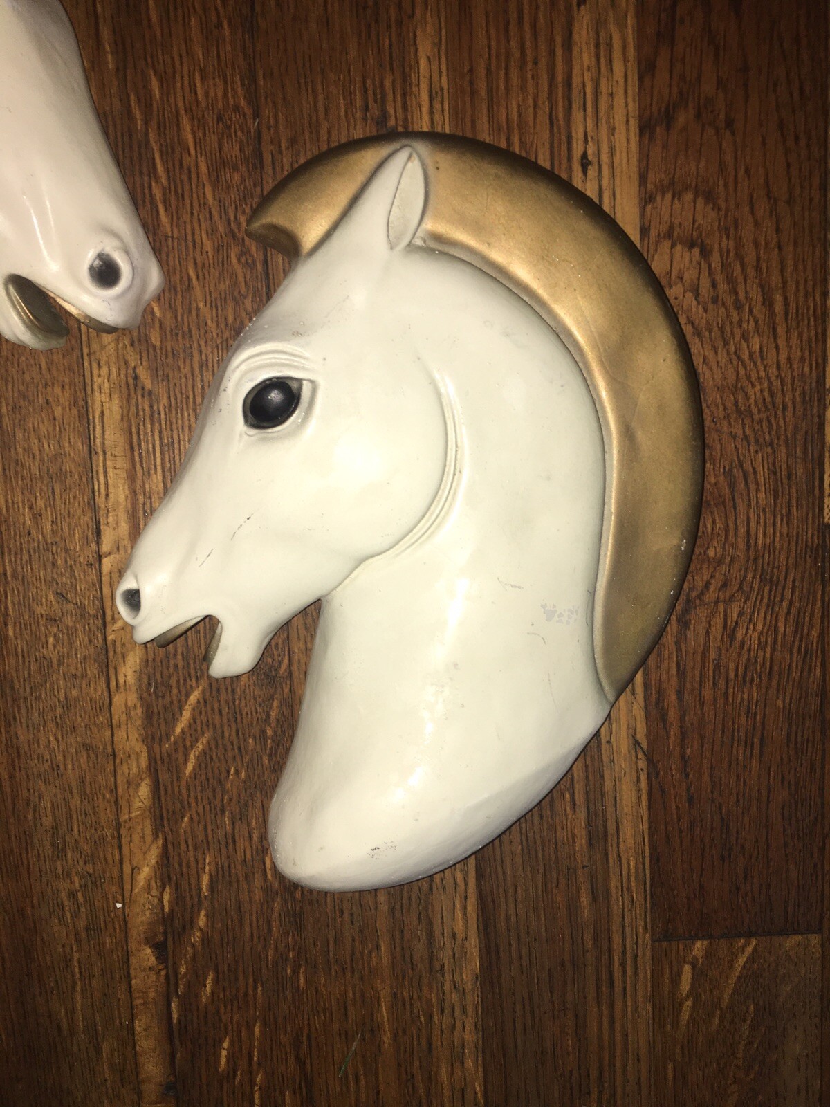 2 Vintage Chalkware / Plaster Chess HORSE Head Wall 3-D Sculpture Art Deco MCM