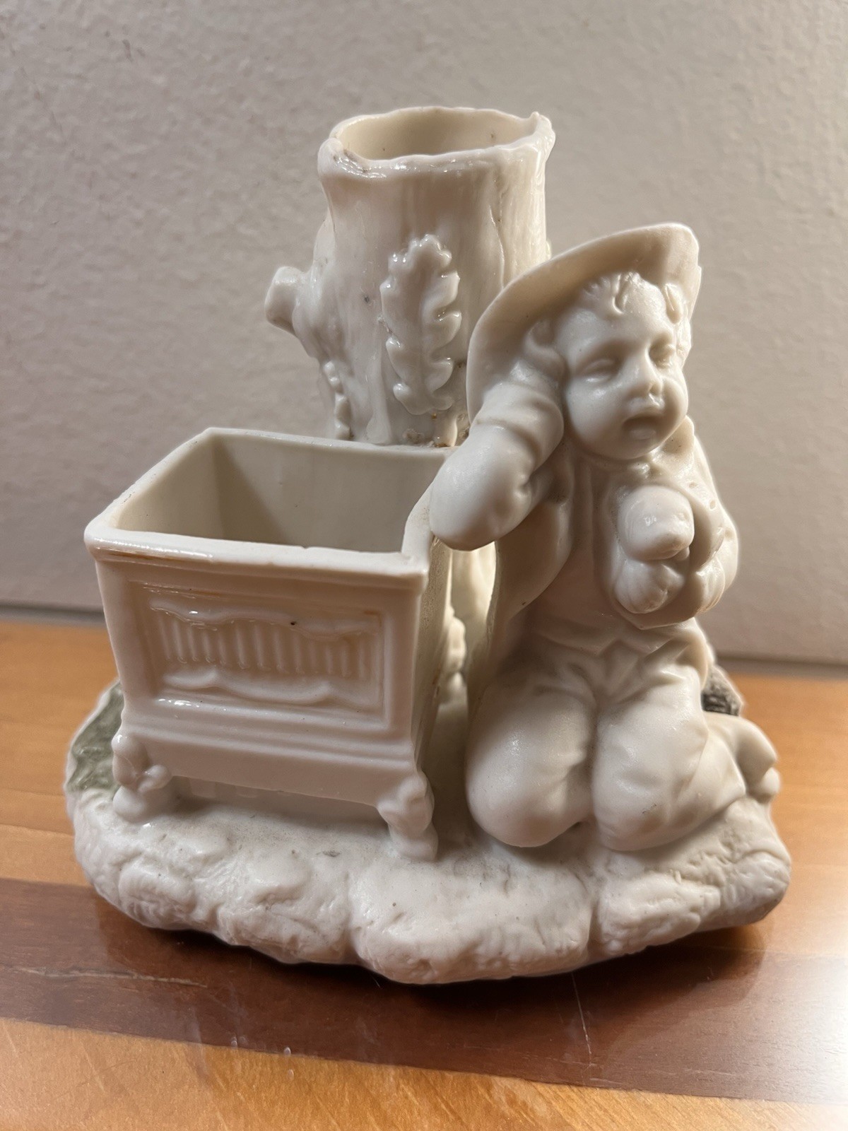 Vintage Heubach style Porcelain Boy w Puppy Vase & Candle Holder Figurine 4”