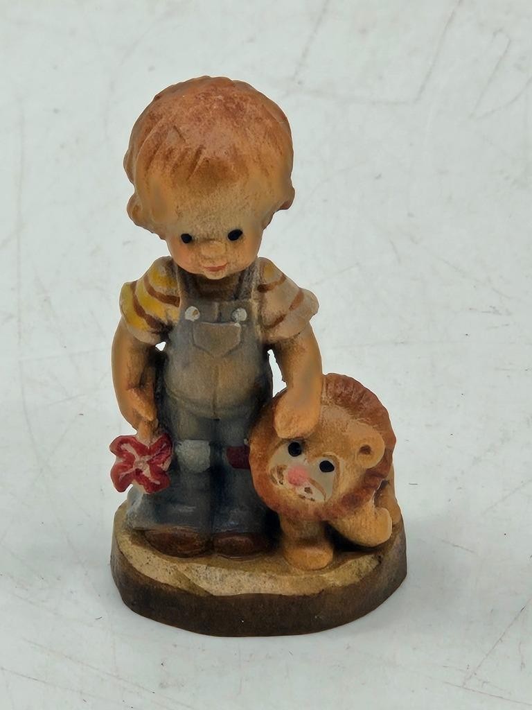 Vtg Lot 4 Anri Sarah Kay Carved Wood Mini Figurines Italy 1.75″ Boy Girl Animals