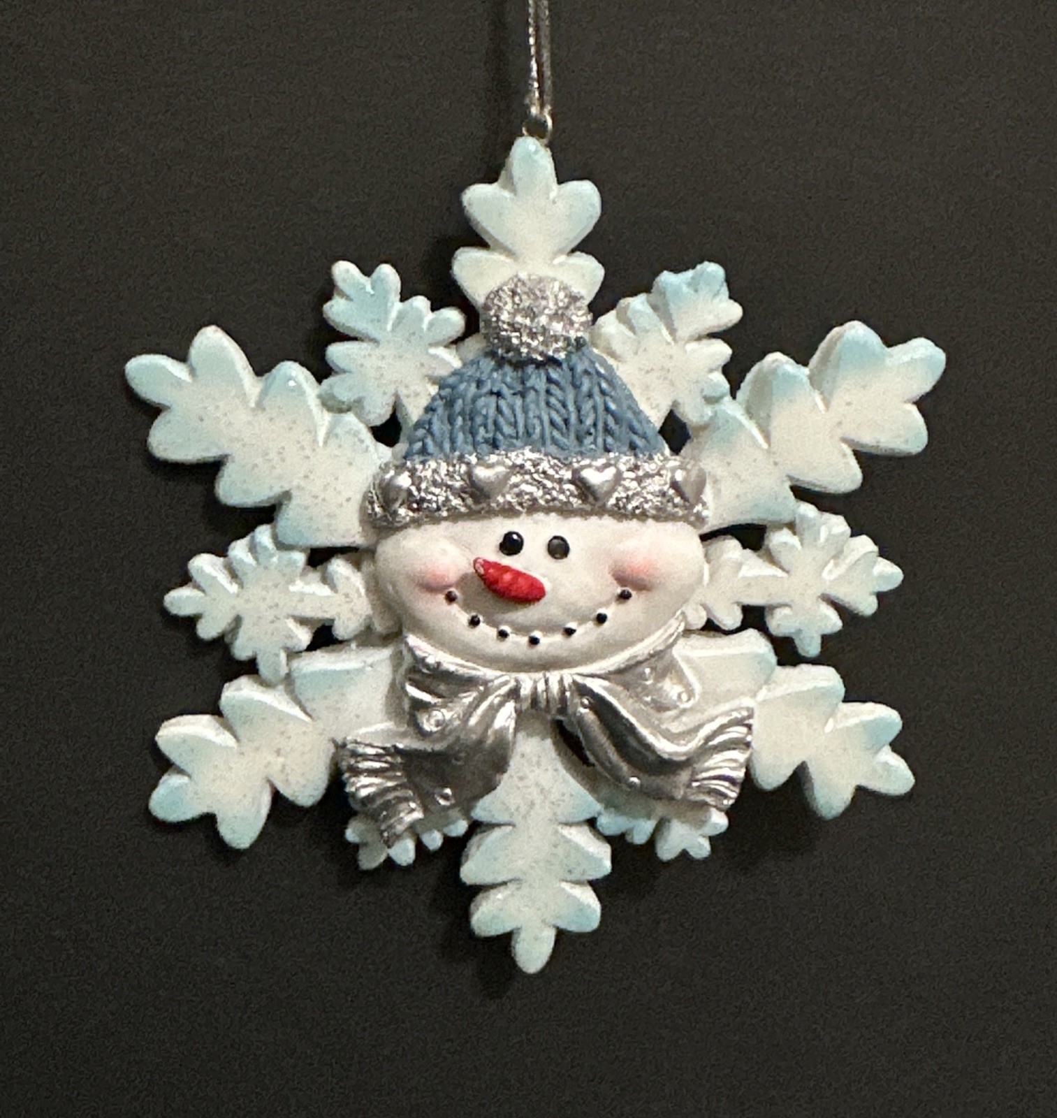 VTG Blue/White 4″ Snowflake Snowman Christmas Ornament w/Blue Knit Cap