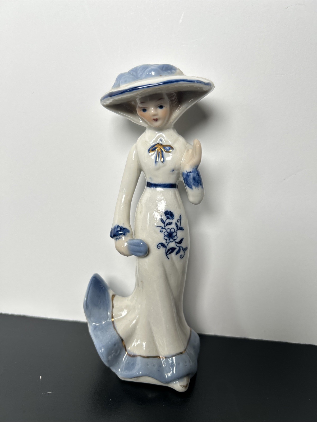 Vintage Victorian Lady Ceramic Figurine in Blue and White