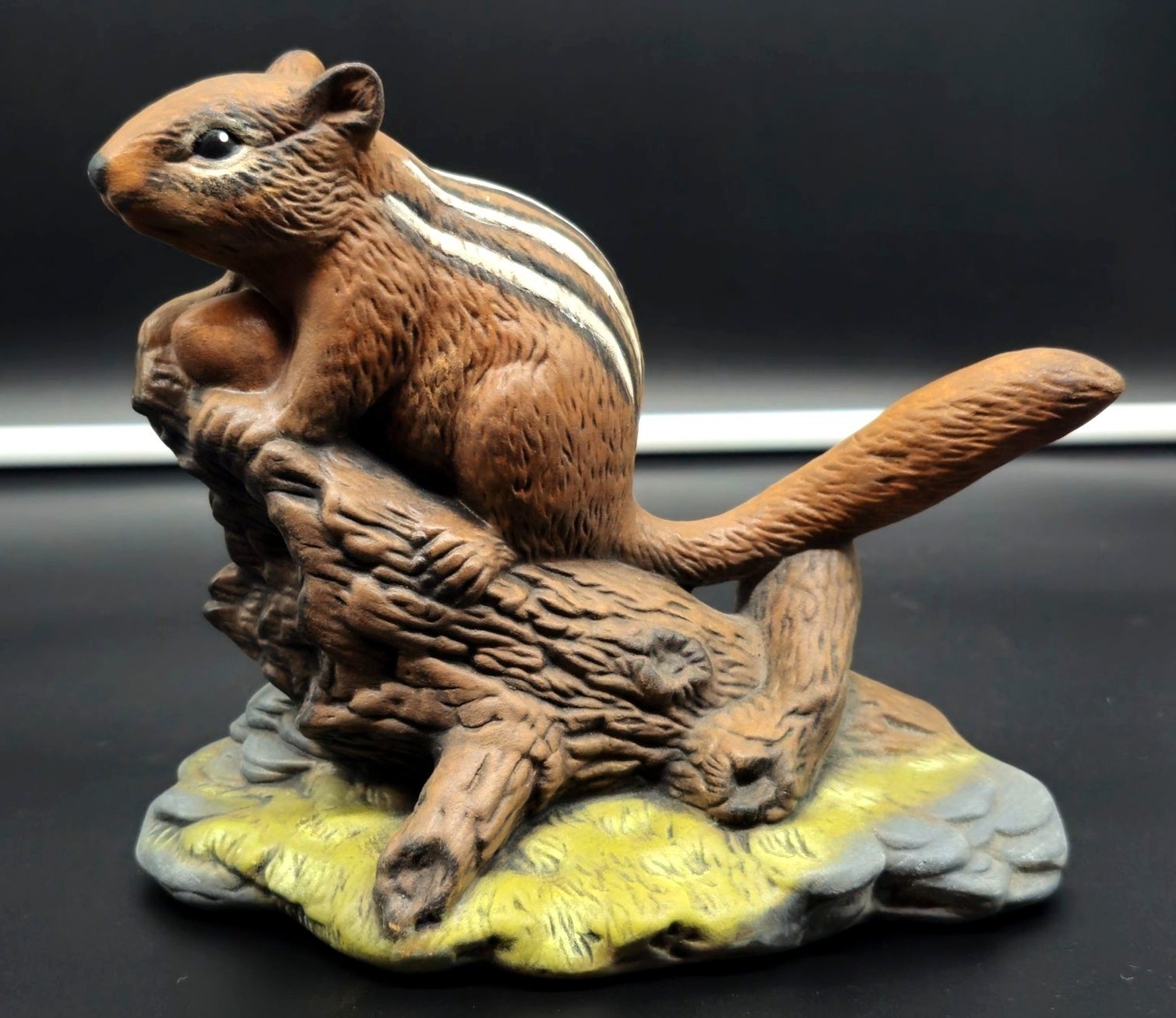 Ceramic Chipmunk On Log Woodland Decor Hand Painted Statue Rustic Wildlife