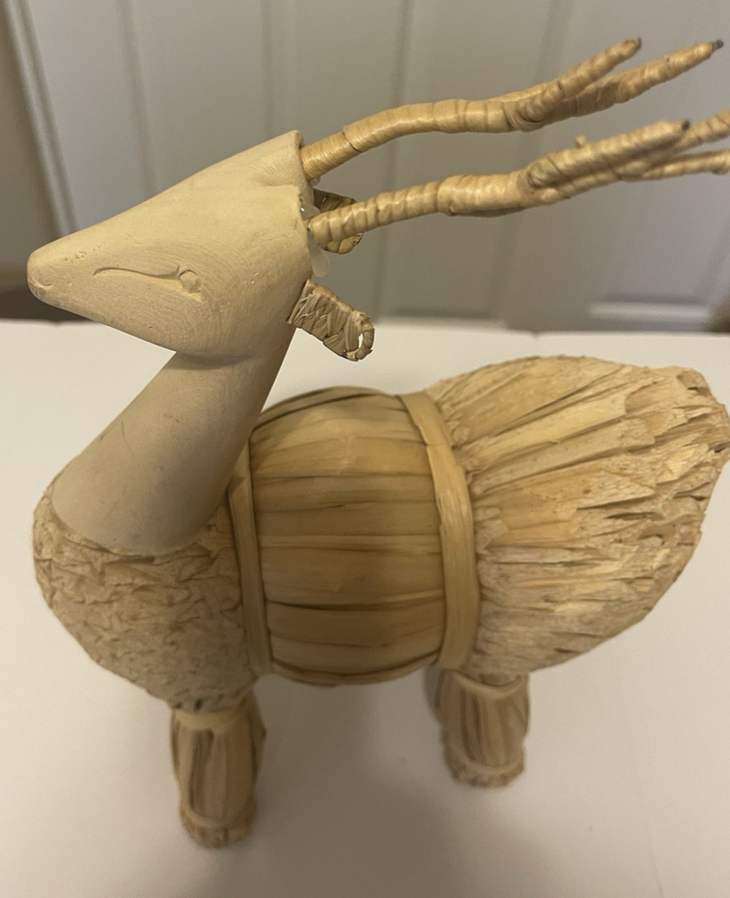 Unique Vintage Folk Art Corn Husk Carved Deer Figurine